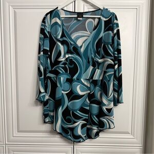 J.T.B. Woman Plus Size 3X Blouse V-Neck Wrap Style Front Blue Black Swirl Print